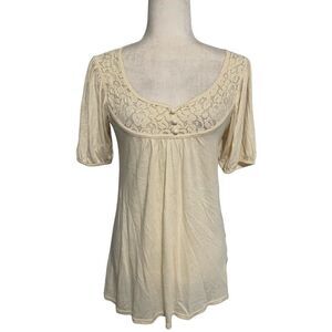 Ella Moss Womens Solid Ivory V Neck Short Sleeve Lace Top Xs